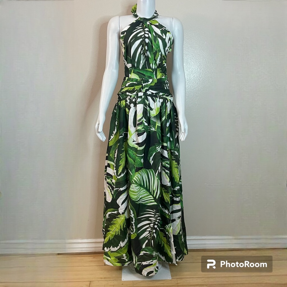 Green white halter neck side slit sleeveless drop waist maxi dress
